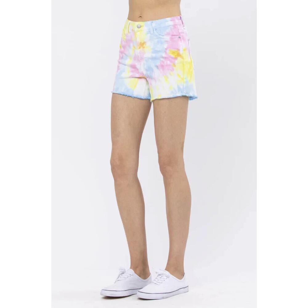 ✨2/$20 Judy Blue Swirl Tie Dye Raw Cut Off Denim Shorts Large Summer Festival - Picture 16 of 16